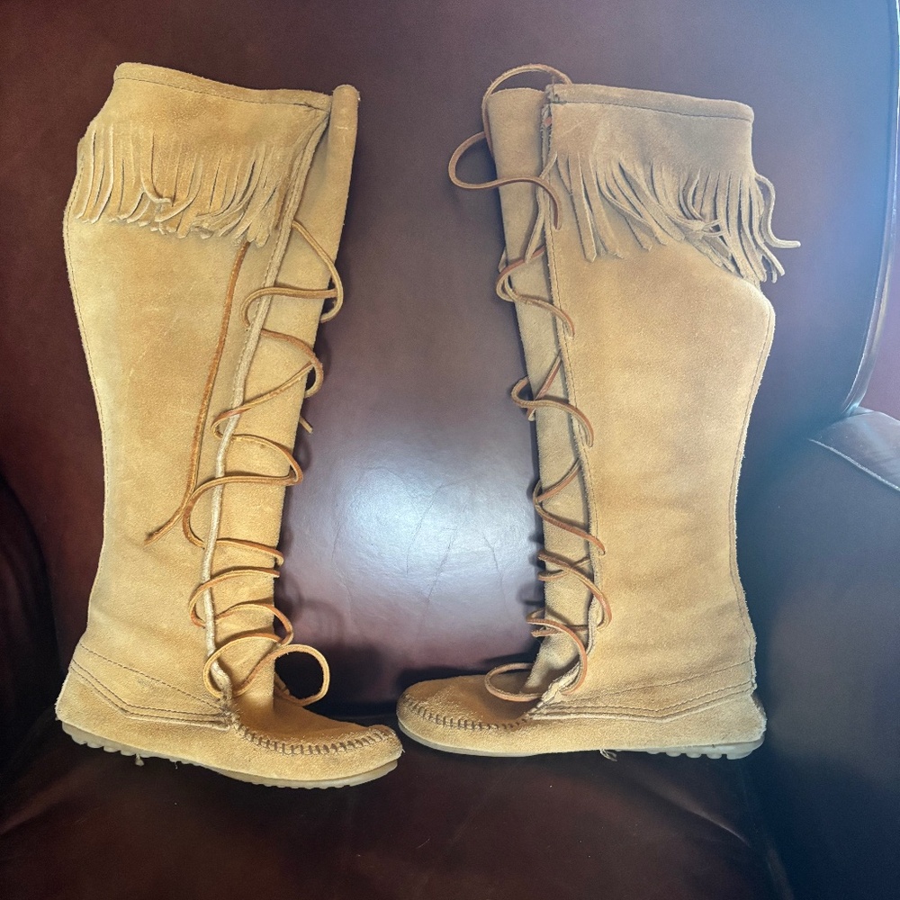 Tall Tan Leather Minnetonka Moccasin Boots - Picture 8 of 13